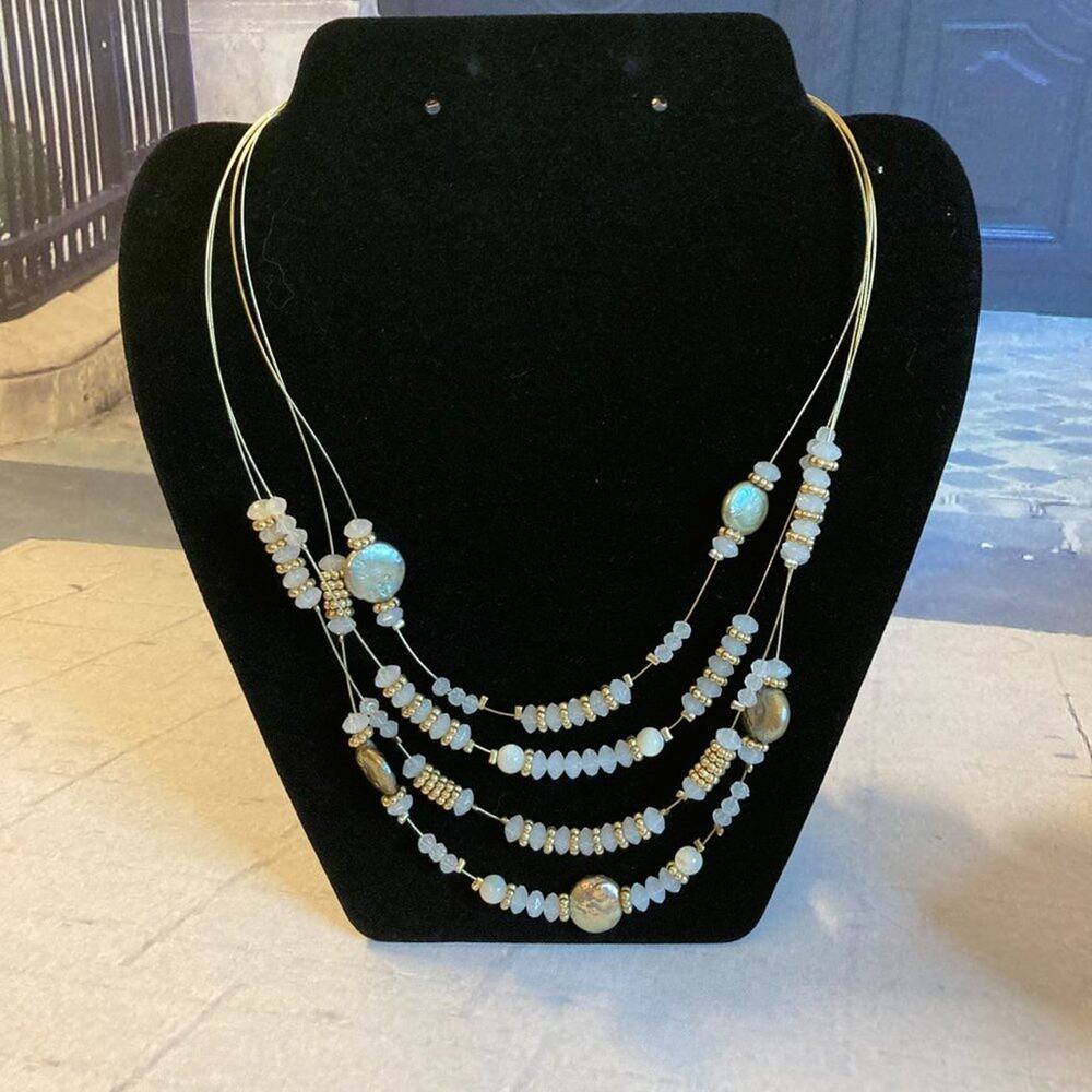 Chico’s Multi-Strand Floating Necklace with White Mixed Media Beads